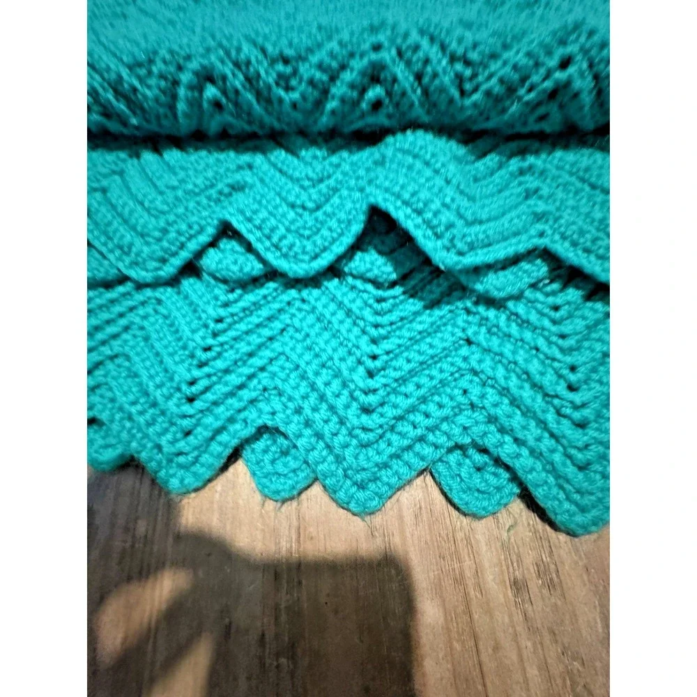 Handmade Crochet Afghan Blanket Green Chevron Ripple Throw 46x44 Soft Cozy Knit